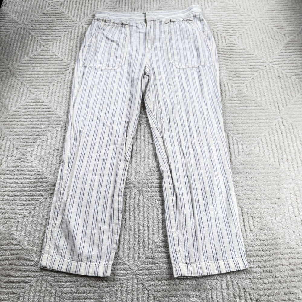 Anthropologie Striped Linen Pants Women M White Coastal Casual Resort Nautical
